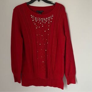 Grace Elements Women’s Crew Neck Red Knit Sweater with Rhine Stones size L